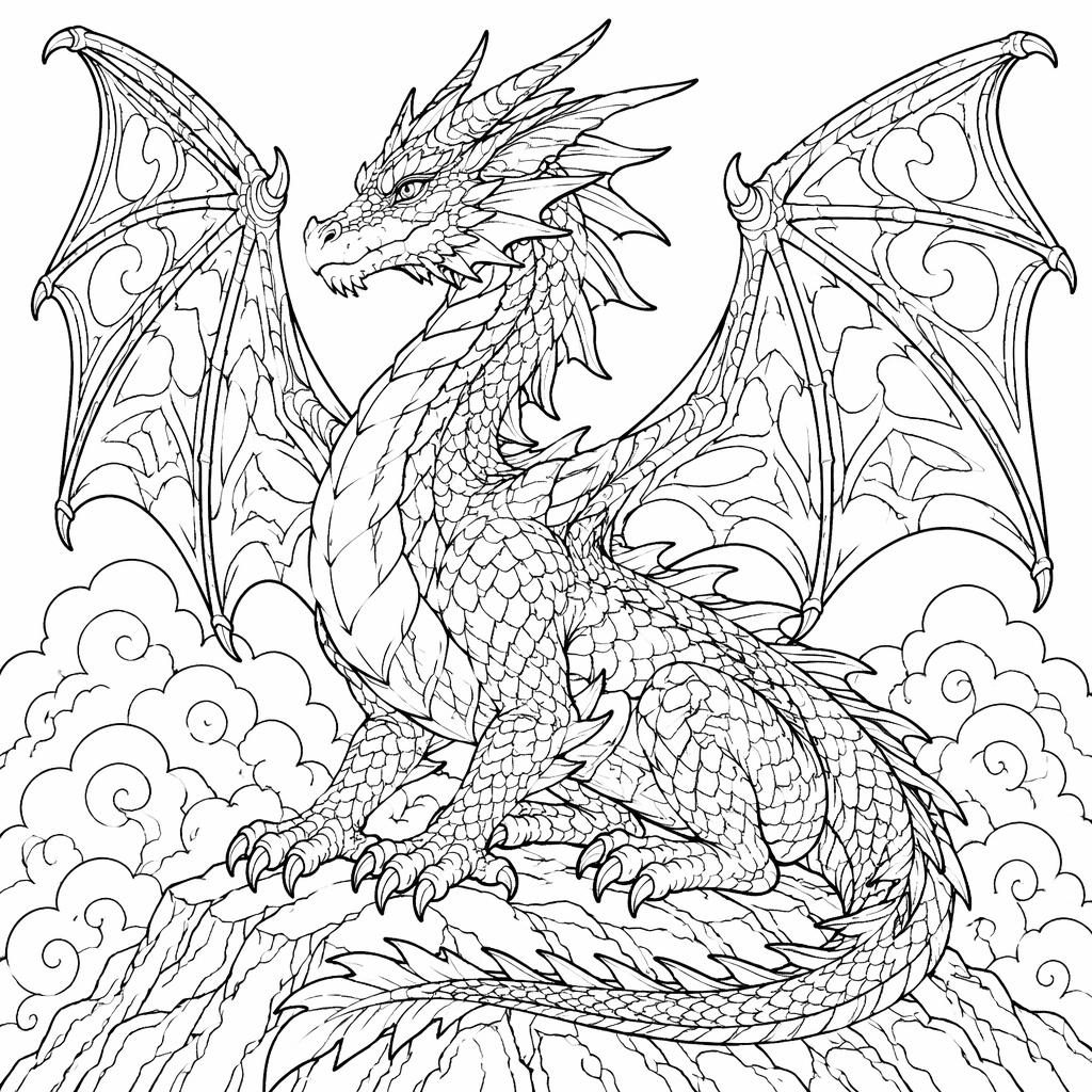 Černobílá omalovánka s fantasy drakem pro dospělé, detailní realistické obrysy na bílém pozadí.