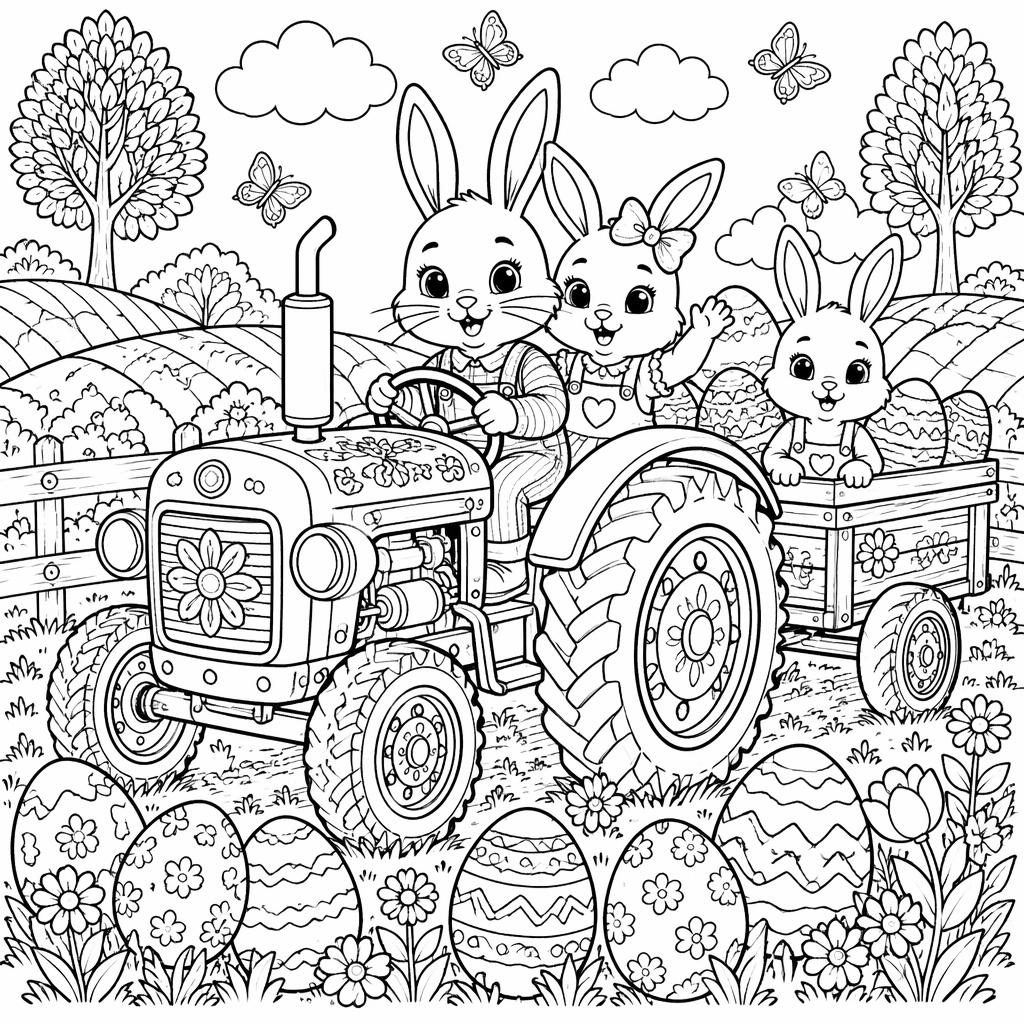 Schwarz-weiße Ausmalseite mit Oster-Eiern und Hasenkindern im detaillierten Zentangle-Lineart auf weißem Hintergrund.