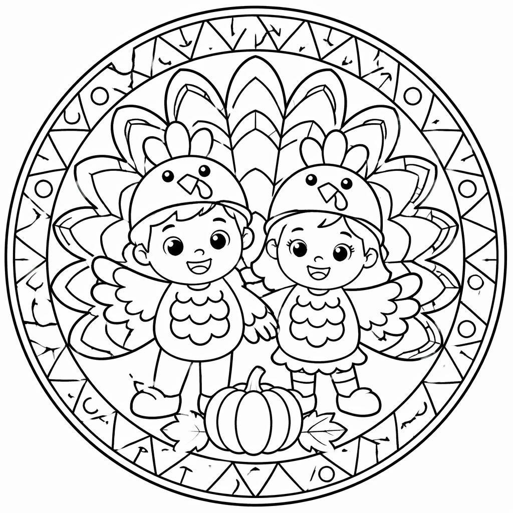 Black-and-white coloring page of a simple Thanksgiving turkey for kids in a geometric mandala line-art style.