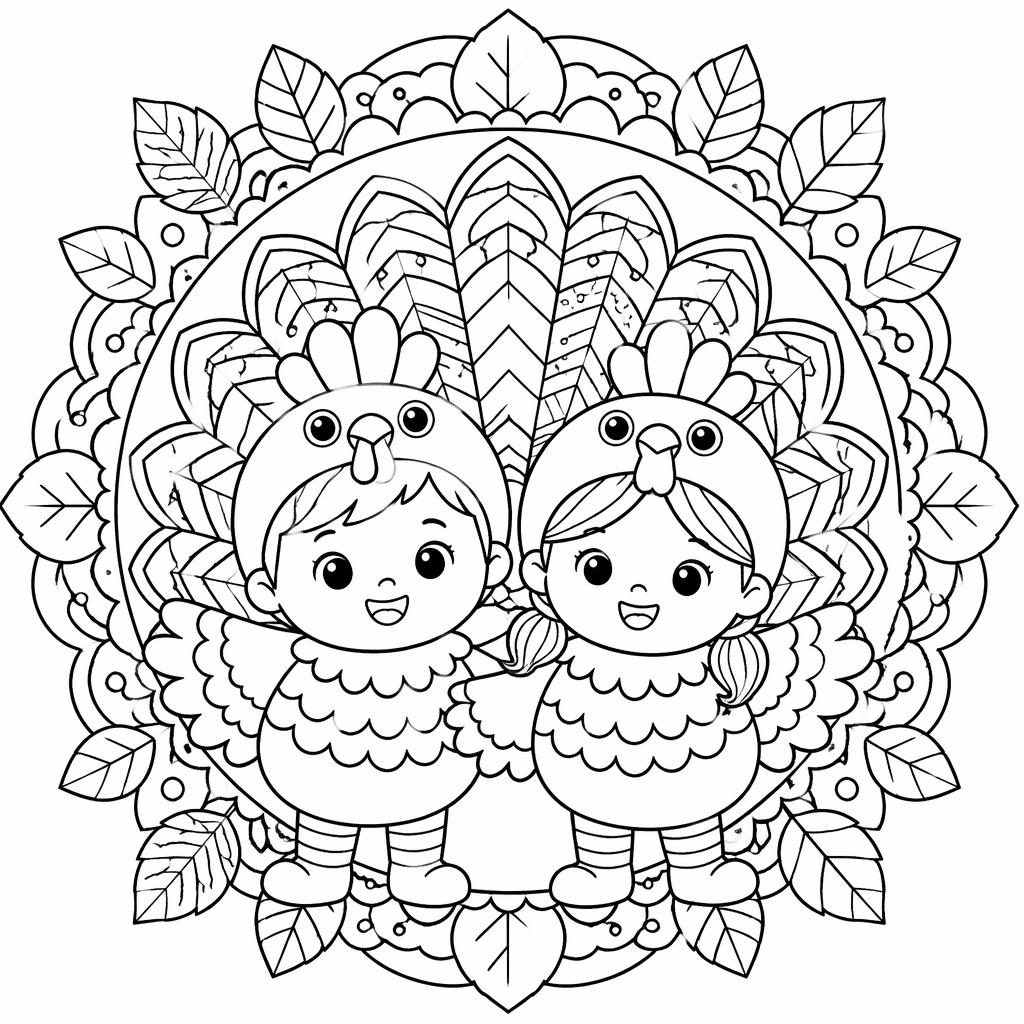 Illustration noir et blanc d’une dinde de Thanksgiving avec enfants, style mandala détaillé, contours nets à colorier.