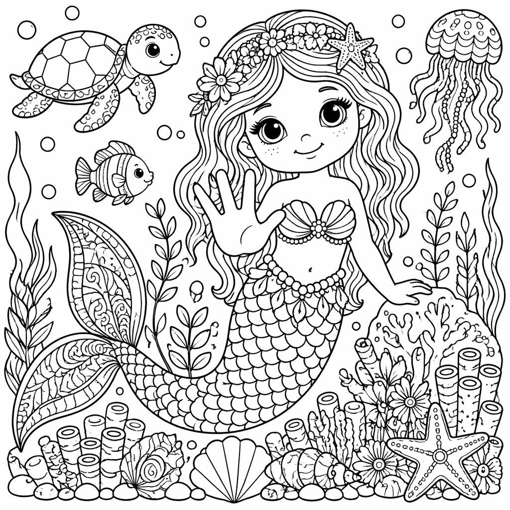 Sirena bajo el mar con detalles botánicos y mandala, ilustración infantil en blanco y negro para colorear.
