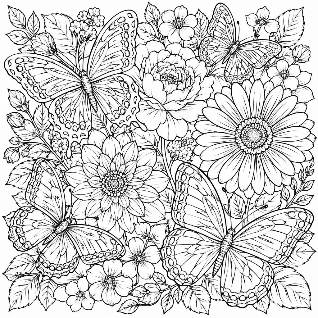 Schwarz-weiße Ausmalbild-Illustration mit detaillierten Schmetterlingen und Blumen als saubere Line-Art