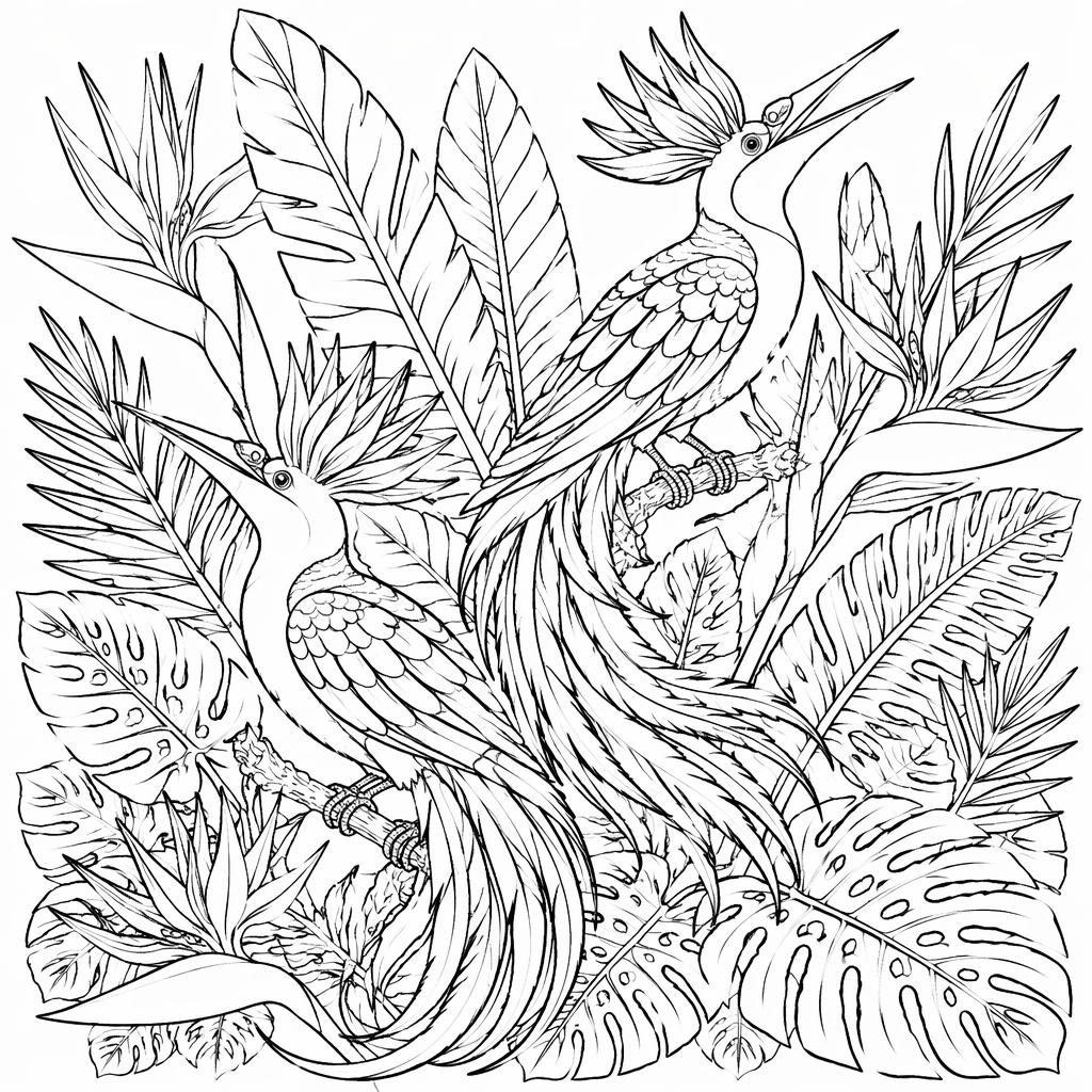 Black-and-white line-art coloring page of detailed birds of paradise flowers in a manga-inspired style.
