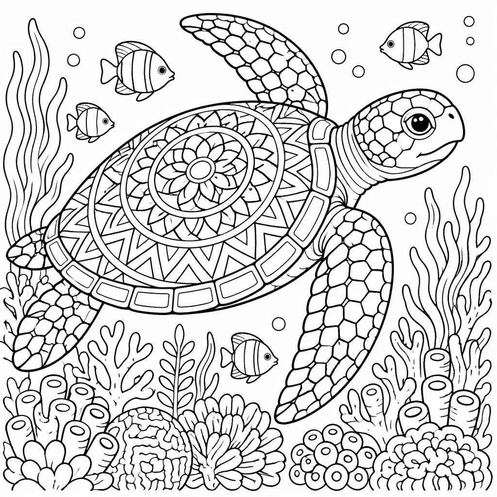 Schwarz-weiße Ausmalseite mit erwachsener Meeresschildkröte im Riff, in geometrischem Mandala-Linienstil.