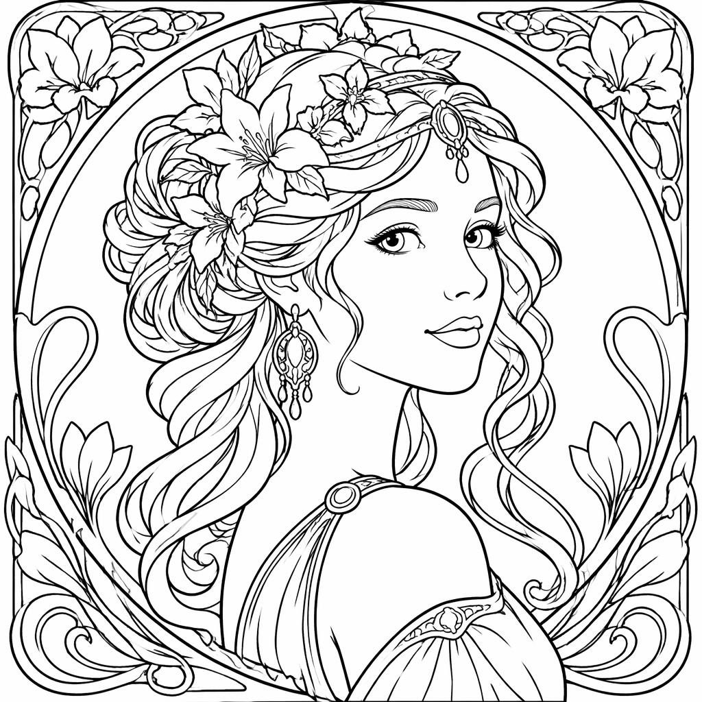 Schwarz-weißes Ausmalbild mit einem Jugendstil-Frauenporträt im niedlichen Cartoonstil, klare Linien auf weißem Hintergrund.