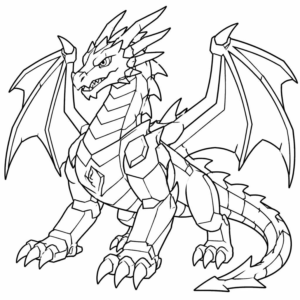 Ilustración para colorear en blanco y negro de un dragón adulto de fantasía, estilo manga, con contornos limpios.