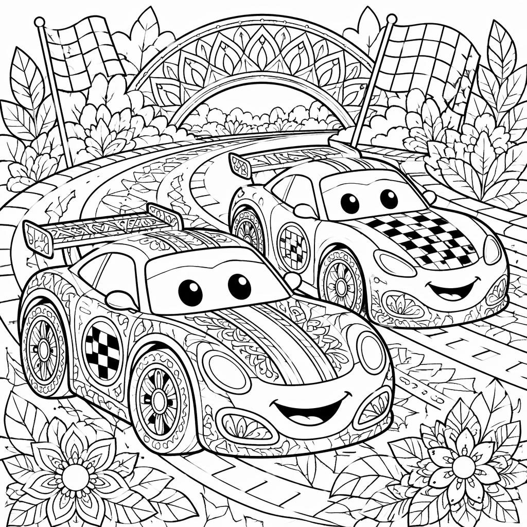 Schwarz-weiße Ausmalseite mit kindgerechten Rennwagen, floralen Mustern und vielen geschlossenen Details.