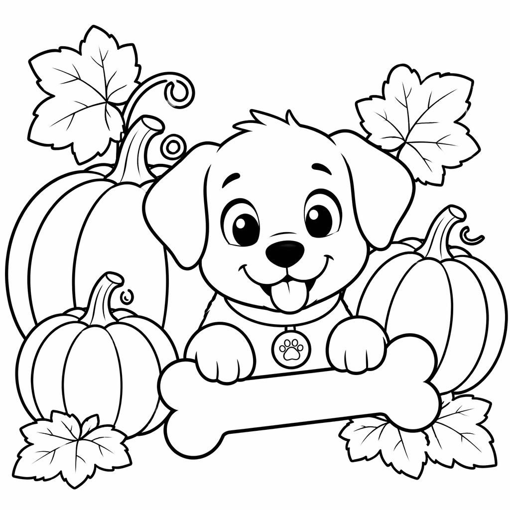 Black-and-white coloring page of a cute dog holding a bone in a manga-inspired line-art style for kids.