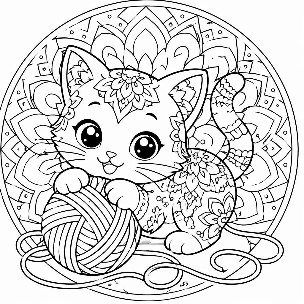 Illustration noir et blanc d’un chaton avec une pelote de laine, contours nets, style mandala, page à colorier.