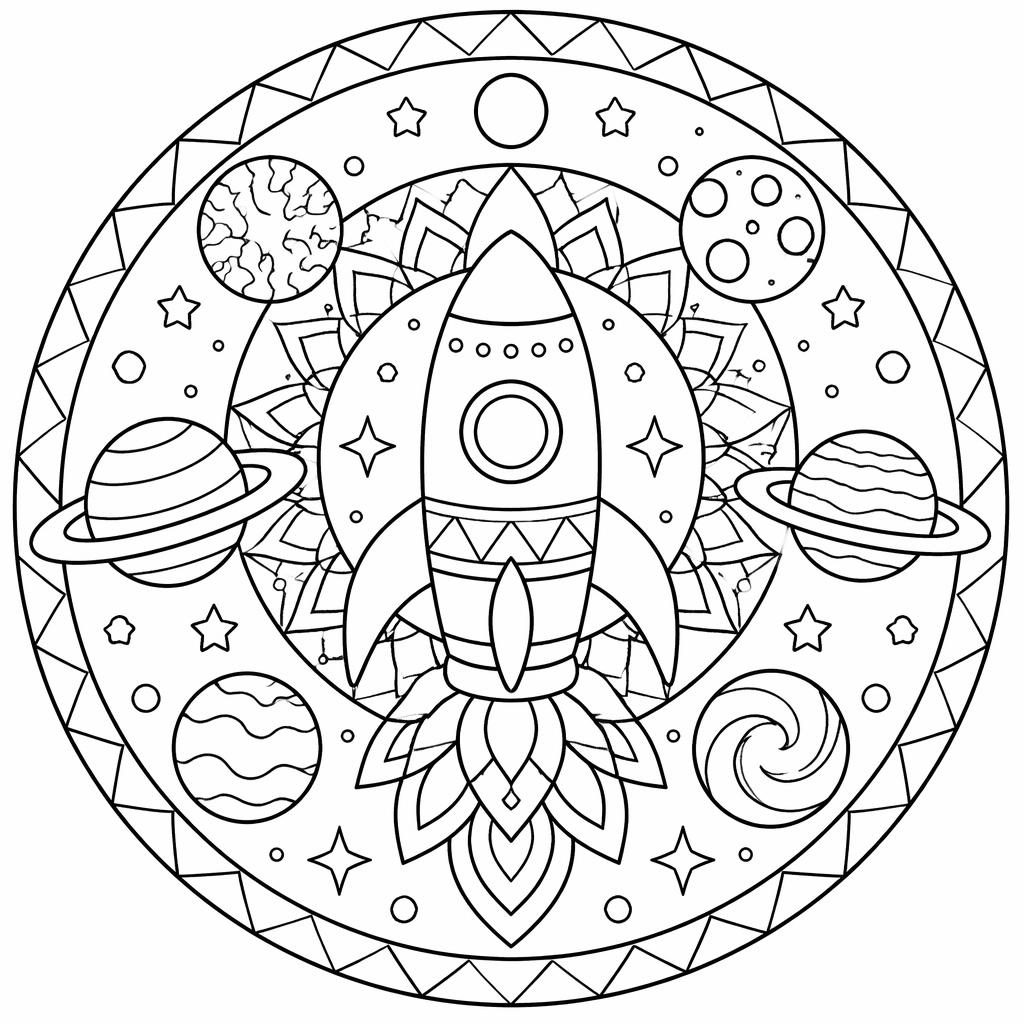 Schwarz-weiße Ausmalseite mit Weltraumrakete, Planeten und einfachen Mandala-Formen als klare Liniengrafik