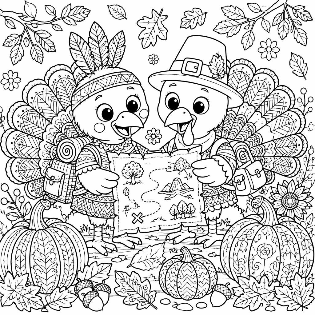 Schwarz-weiße Ausmalseite mit Thanksgiving-Truthahn für Kinder, detailreich im Zentangle-Stil mit klaren Konturen