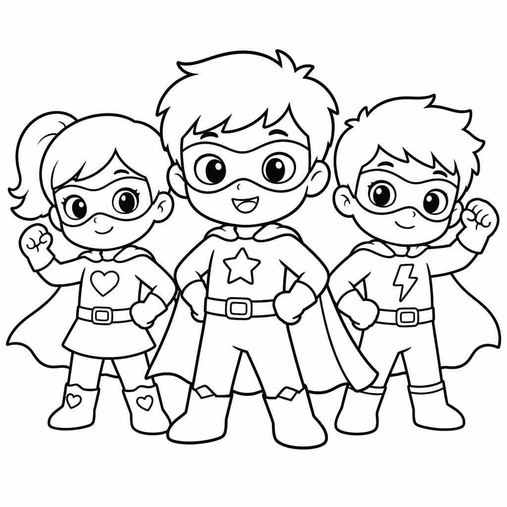 Illustration noir et blanc très simple de enfants super-héros style manga, en contours épais, prête à colorier.