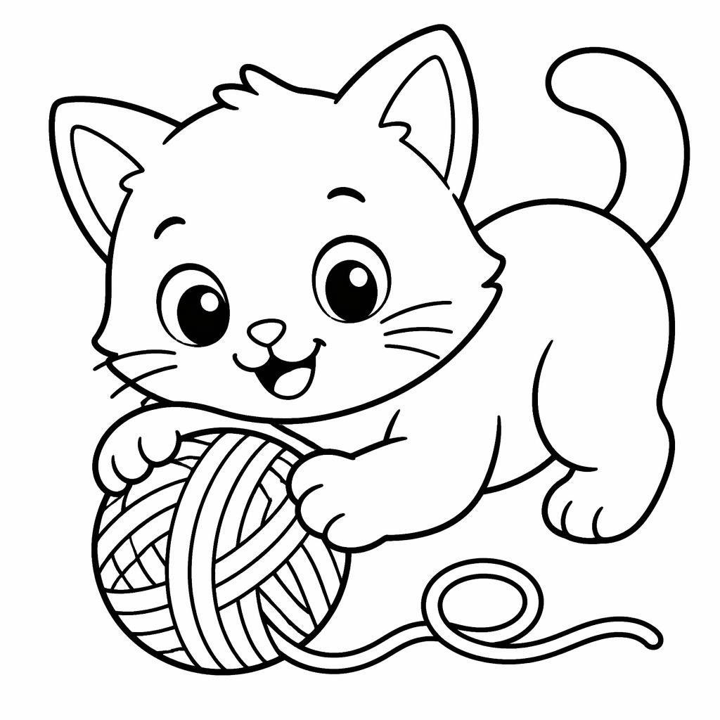 Schwarz-weiße Ausmalbild-Illustration mit einem niedlichen Kätzchen und Wollknäueln, in dicken einfachen Linien.