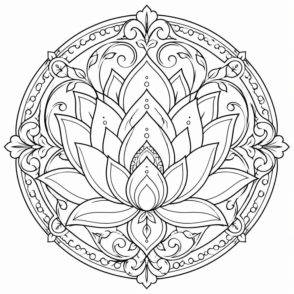 Illustration noir et blanc d’un mandala lotus adulte, style art nouveau, contours nets sur fond blanc.