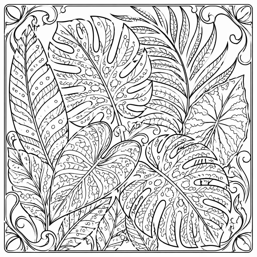 Illustration noir et blanc de feuilles tropicales zentangle en style art nouveau, contours nets à colorier.