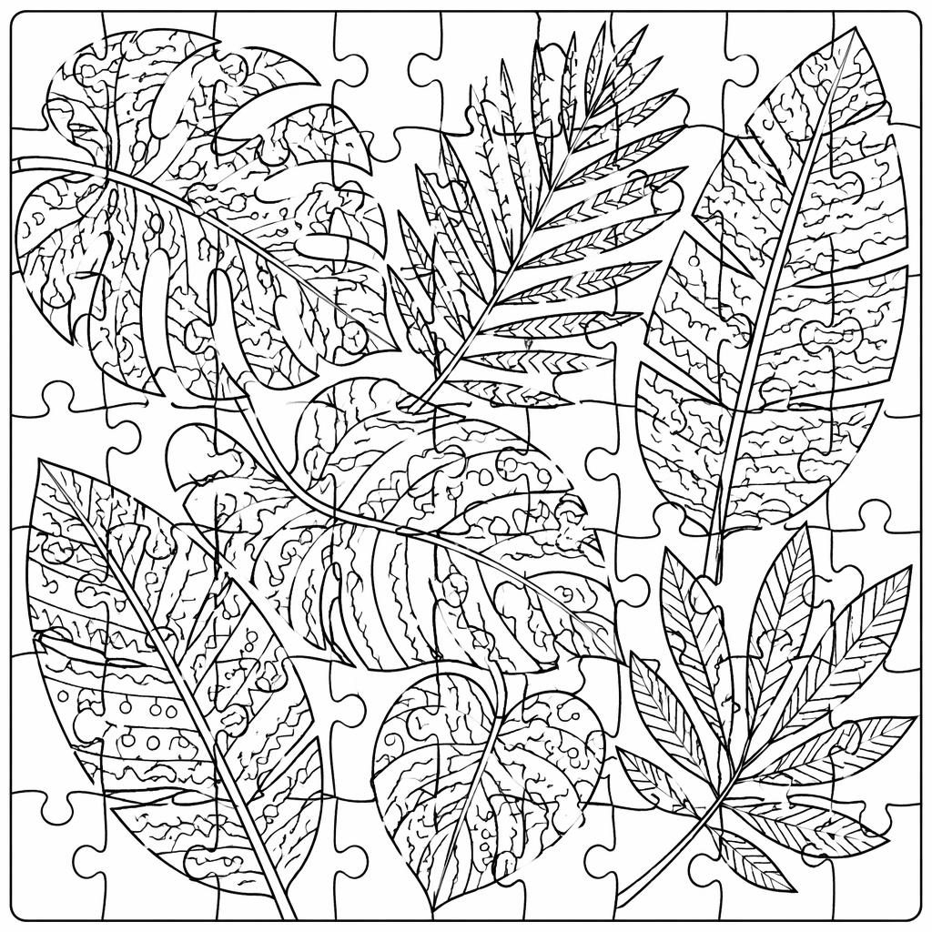 Schwarz-weißes Puzzle Ausmalbild mit tropischen Blättern im einfachen Zentangle-Linienstil