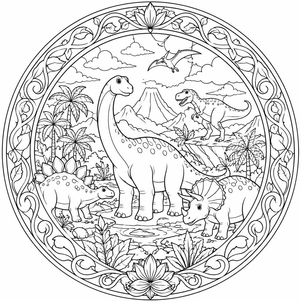 Illustration à colorier en noir et blanc avec scènes de dinosaures pour enfants, détails art nouveau, contours nets.