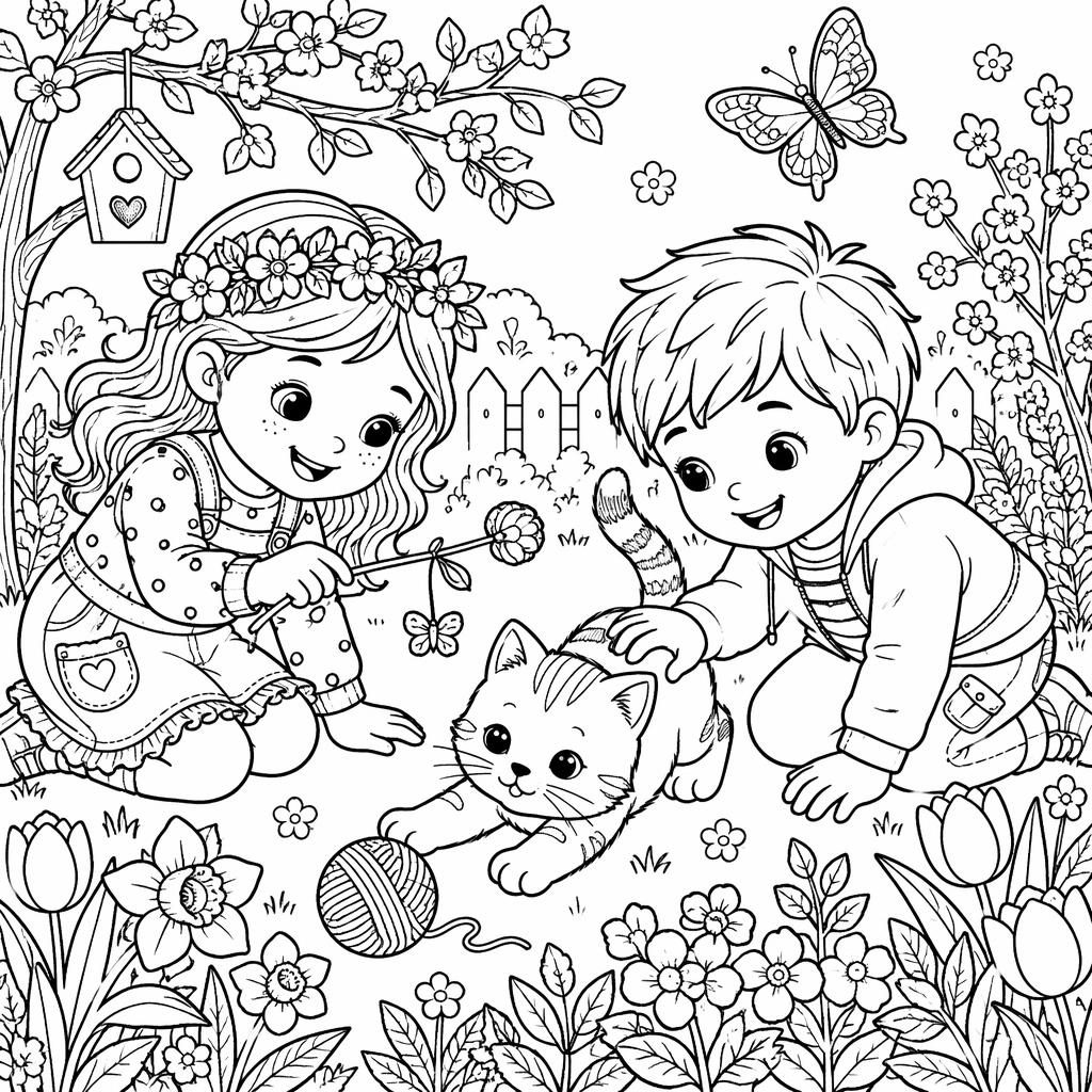 Schwarz-weiße Ausmalbild-Illustration mit einer Katze und spielenden Kindern im detailreichen Zentangle-Stil.