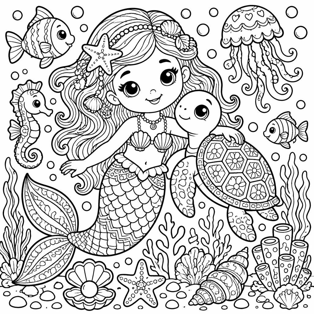 Black-and-white mermaid under the sea coloring page for kids with fish, shells, coral, and intricate zentangle details.