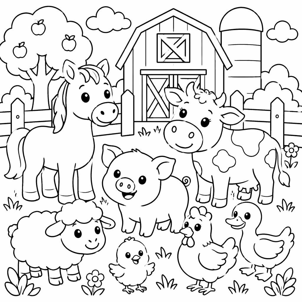 Ilustración en blanco y negro de animales de granja tiernos para niños, con líneas gruesas y formas cerradas.
