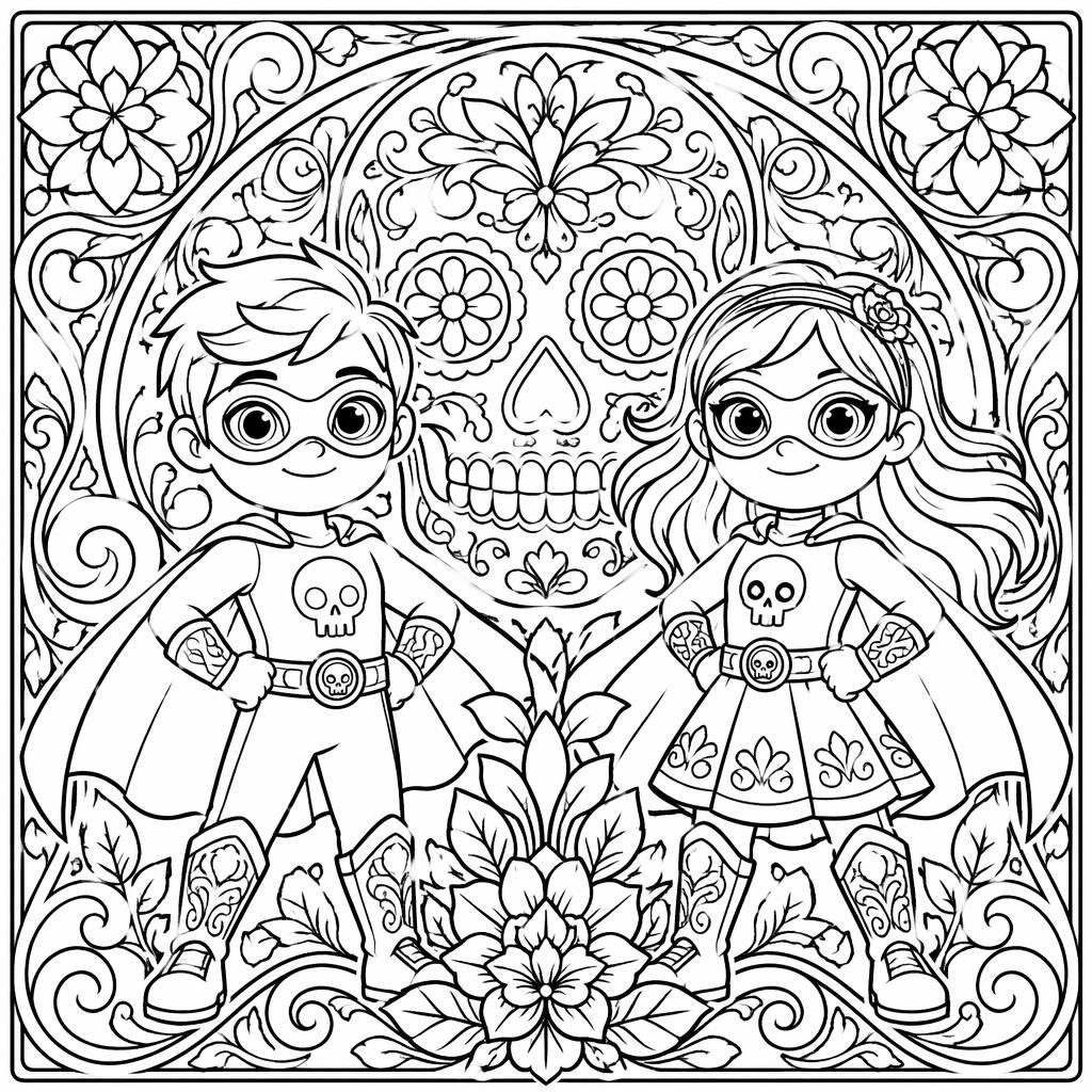 Black-and-white coloring page of superhero cartoon kids in ornate art nouveau line art with closed shapes on white.