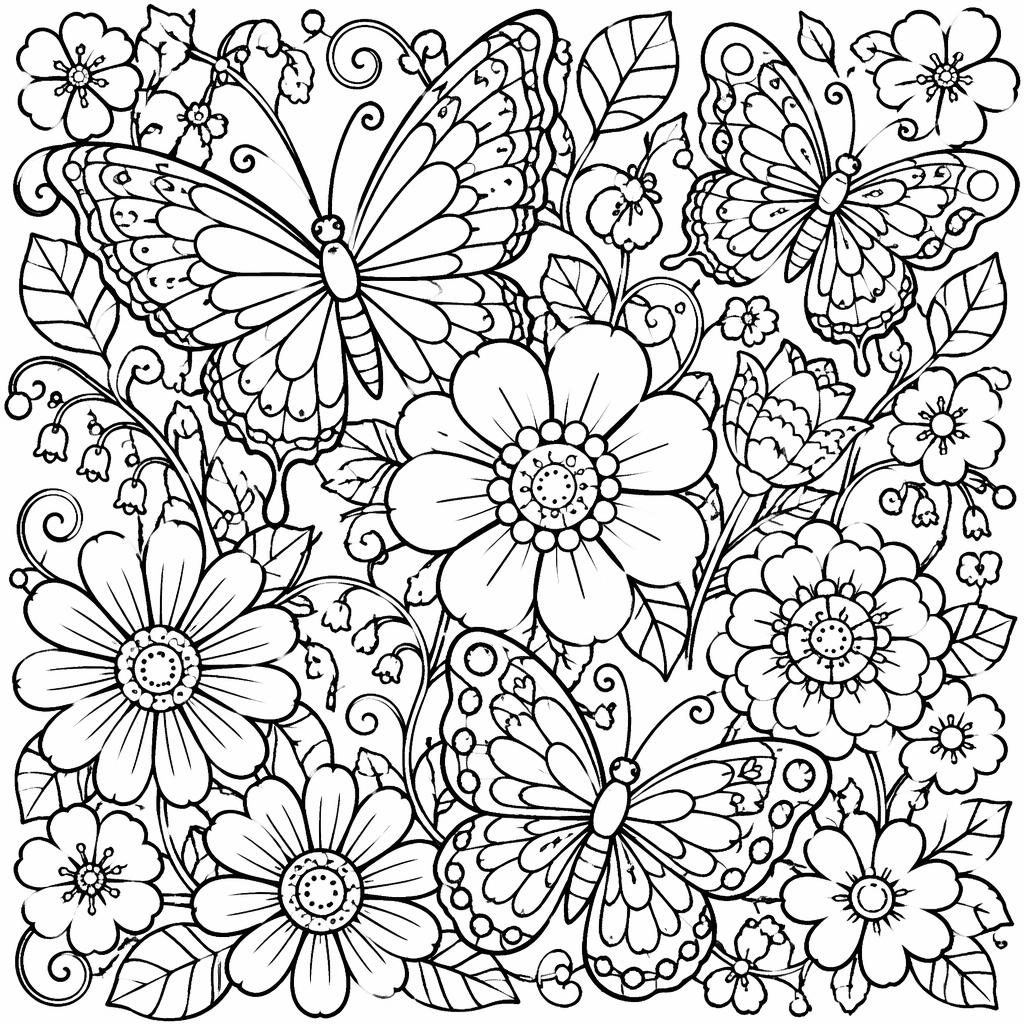 Black-and-white line art coloring page with detailed butterflies and flowers in a zentangle doodle style.