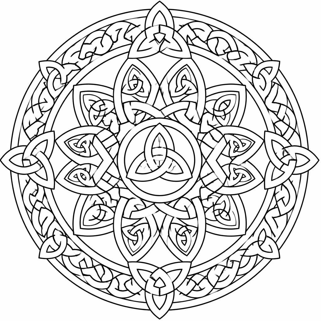 Ilustración para colorear en blanco y negro con nudos celtas intrincados, líneas limpias y formas cerradas.