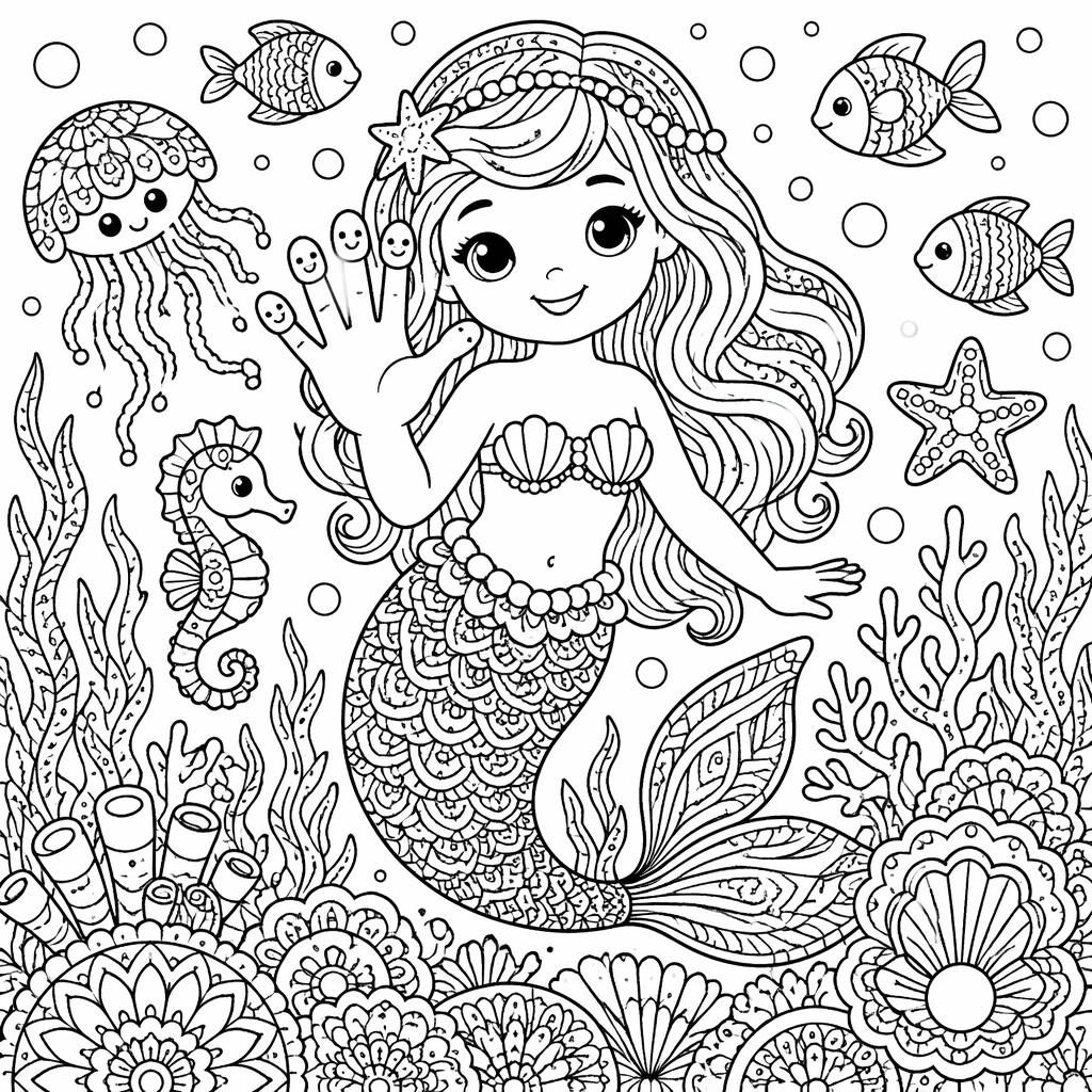 Ilustración para colorear en blanco y negro de una sirena bajo el mar con detalles geométricos y estilo mandala.