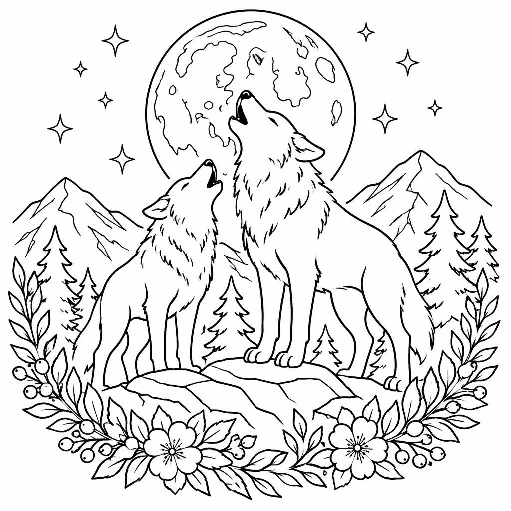 Schwarz-weiße Ausmalbild-Illustration mit heulenden Wölfen, Vollmond und botanischen Elementen als klare Line-Art.