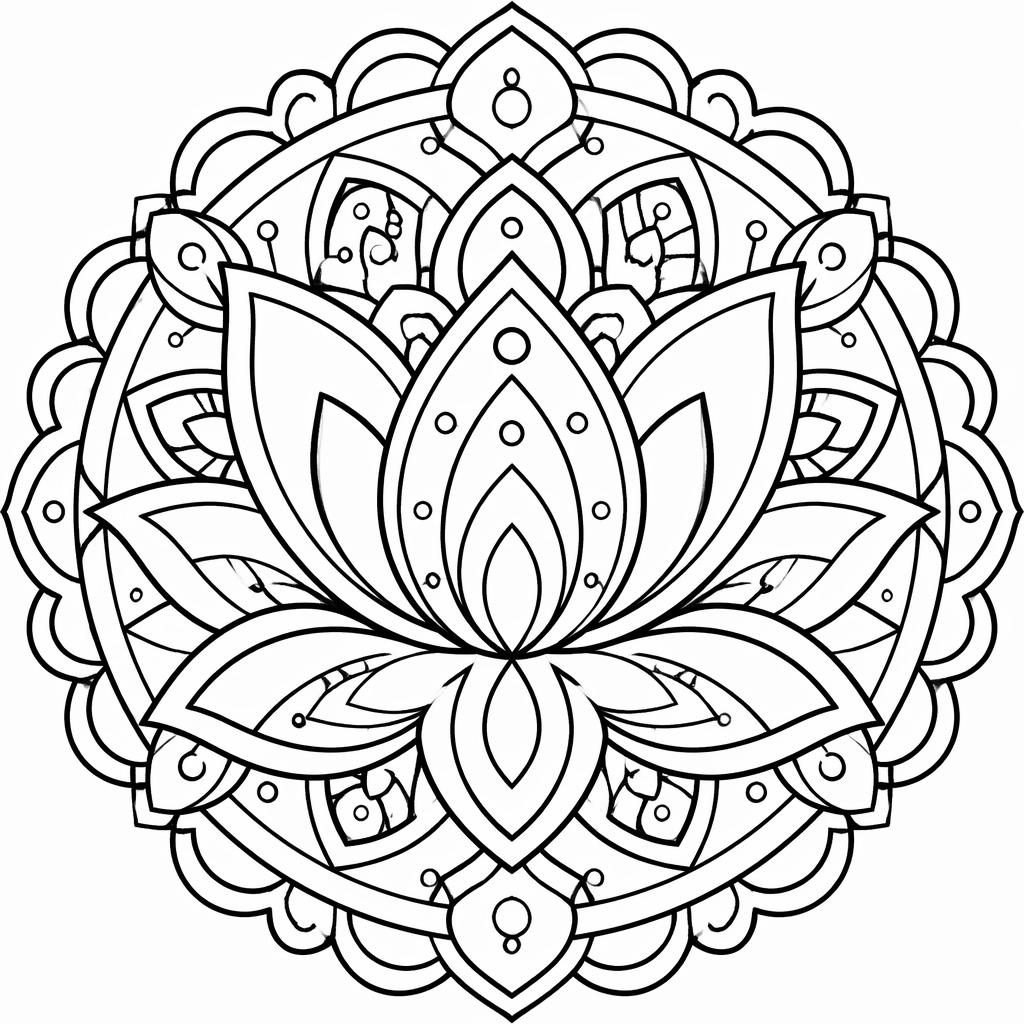 Schwarz-weiße Mandala-Lotus-Malvorlage mit dicken Konturen, geometrischen Formen und weißem Hintergrund.