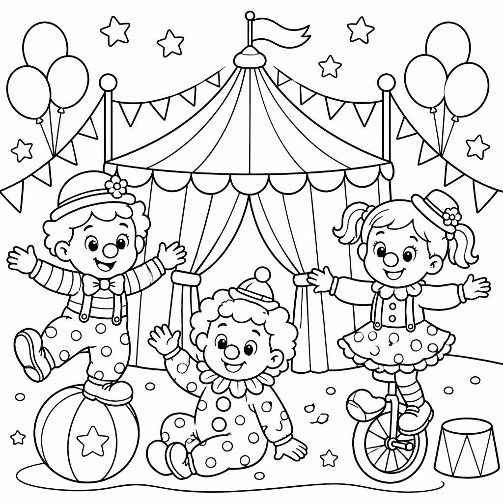 Ilustración para colorear en blanco y negro con carpa de circo, payasos niños y estilo tierno de dibujo animado.