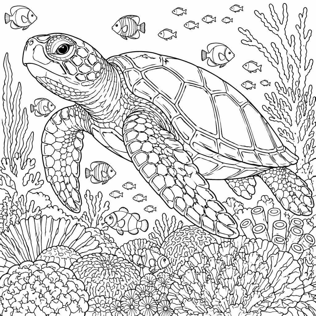 Illustration noir et blanc d’une tortue de mer adulte sur un récif, en style manga, avec contours nets à colorier.