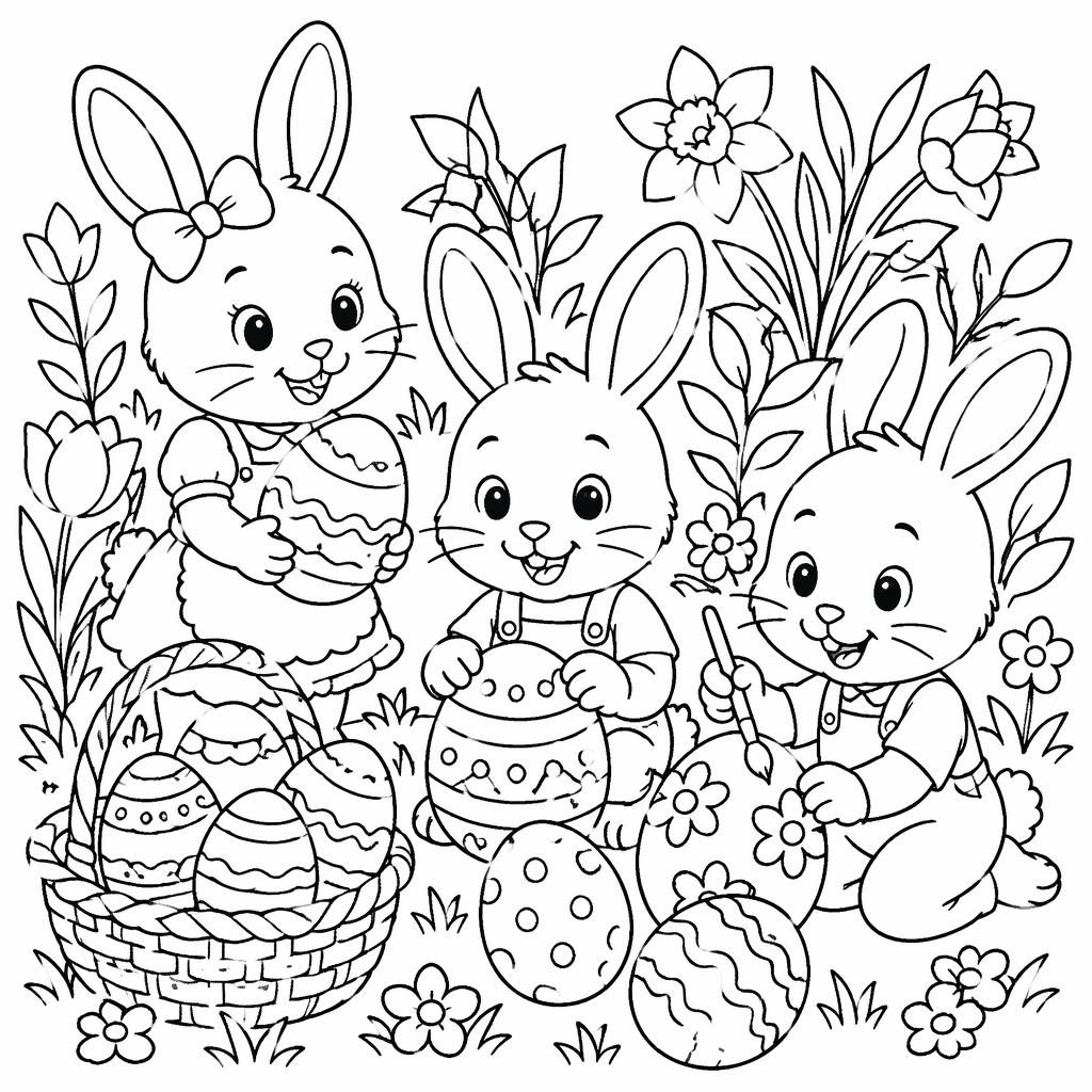 Schwarz-weiße Ausmalbild-Illustration mit Hasenkindern, Ostereiern und botanischen Details als klare Line-Art.