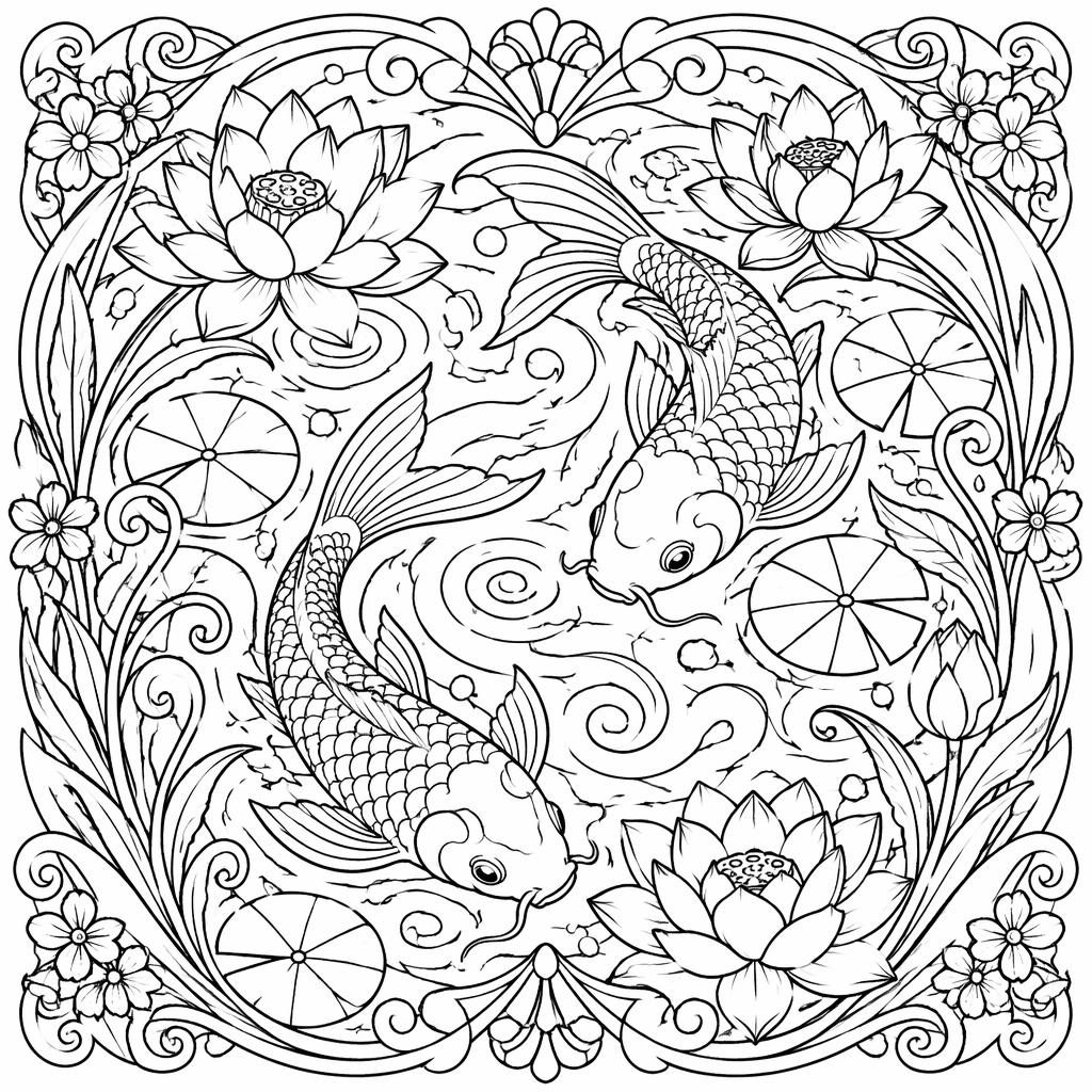 Página para colorear en blanco y negro con estanque koi detallado, estilo art nouveau y líneas limpias