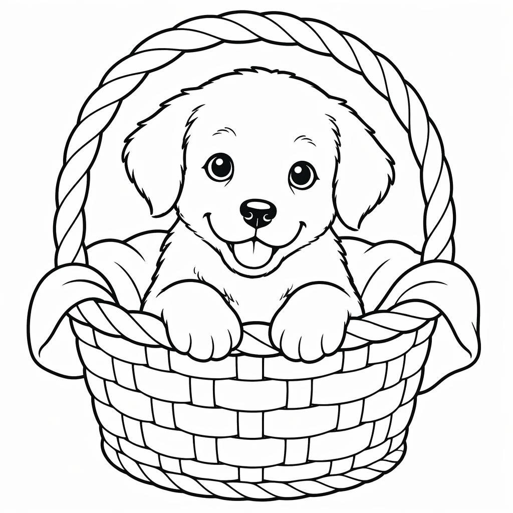 Ilustración para colorear en blanco y negro de un perrito dentro de una canasta, con líneas gruesas y fondo blanco.