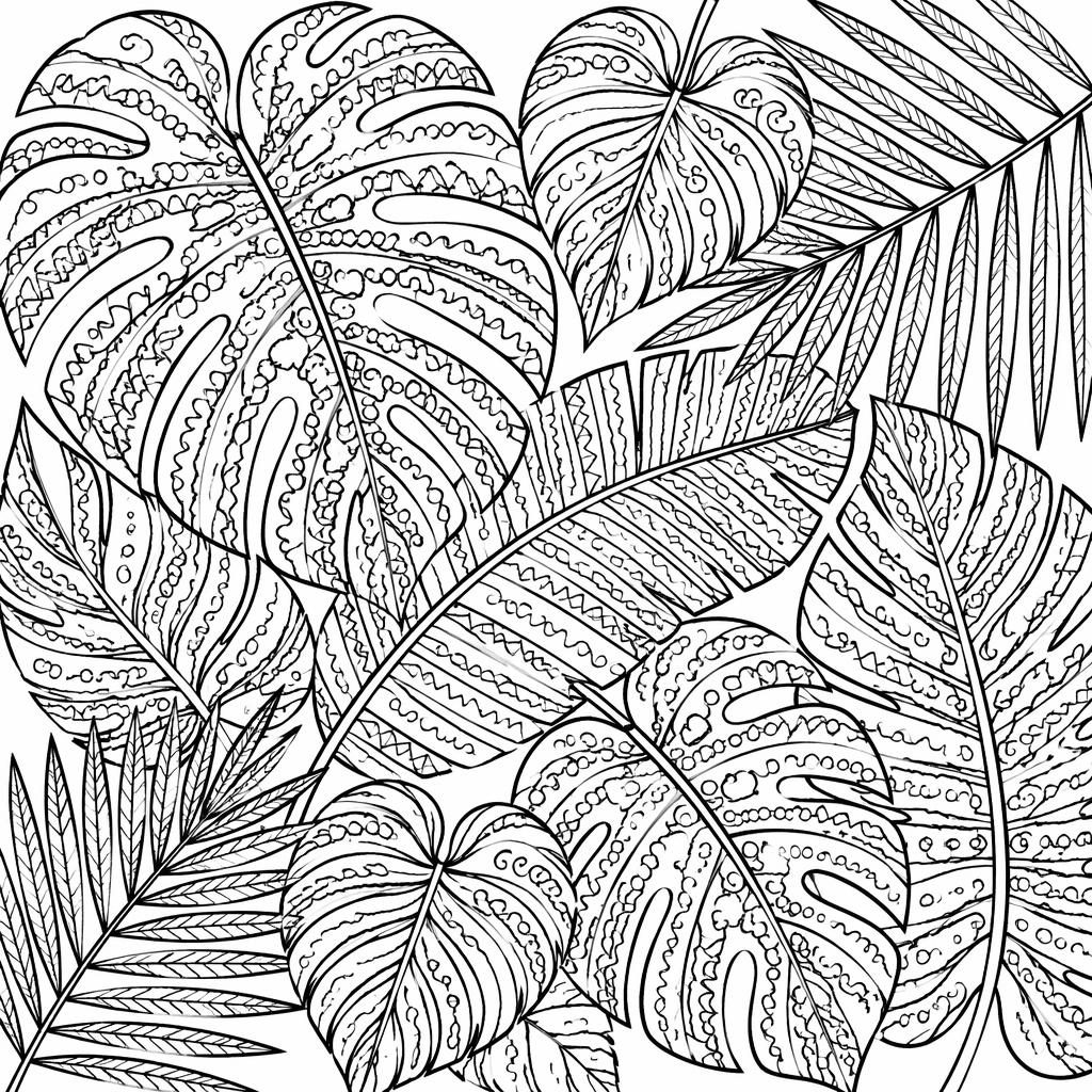 Ilustración para colorear en blanco y negro de hojas tropicales estilo zentangle, con líneas detalladas y fondo blanco.