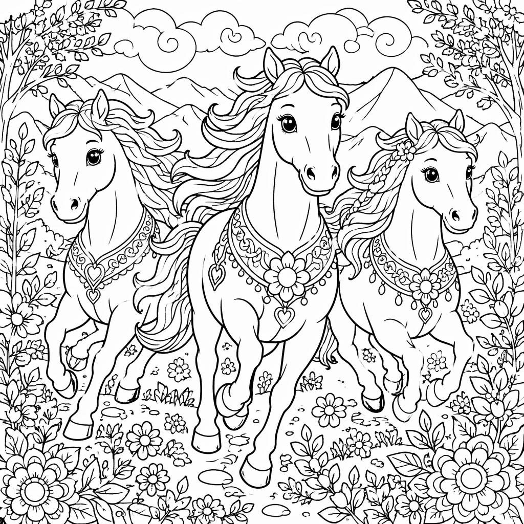 Ilustración para colorear en blanco y negro de varios caballos corriendo, estilo caricatura tierno y detallado.