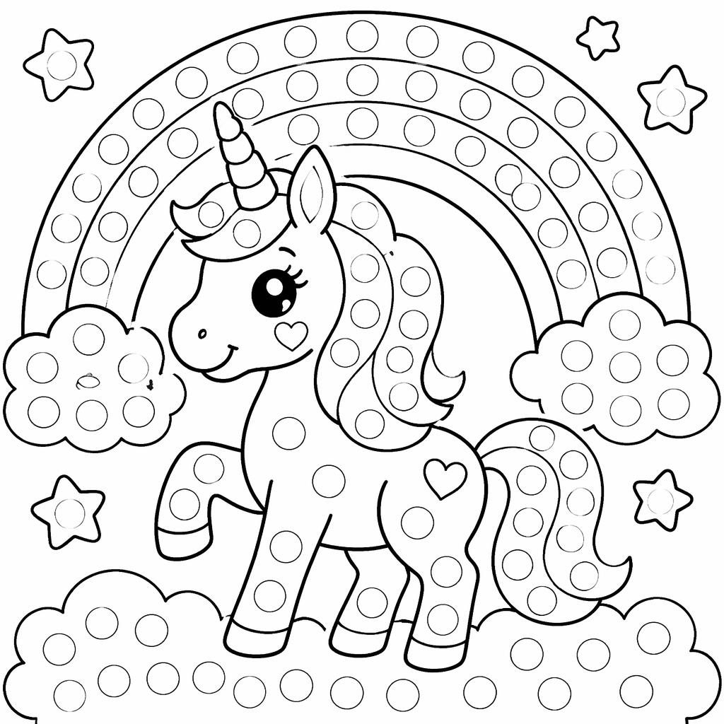 Black-and-white coloring page with a simple unicorn beside a rainbow in clean manga-inspired line art for kids.