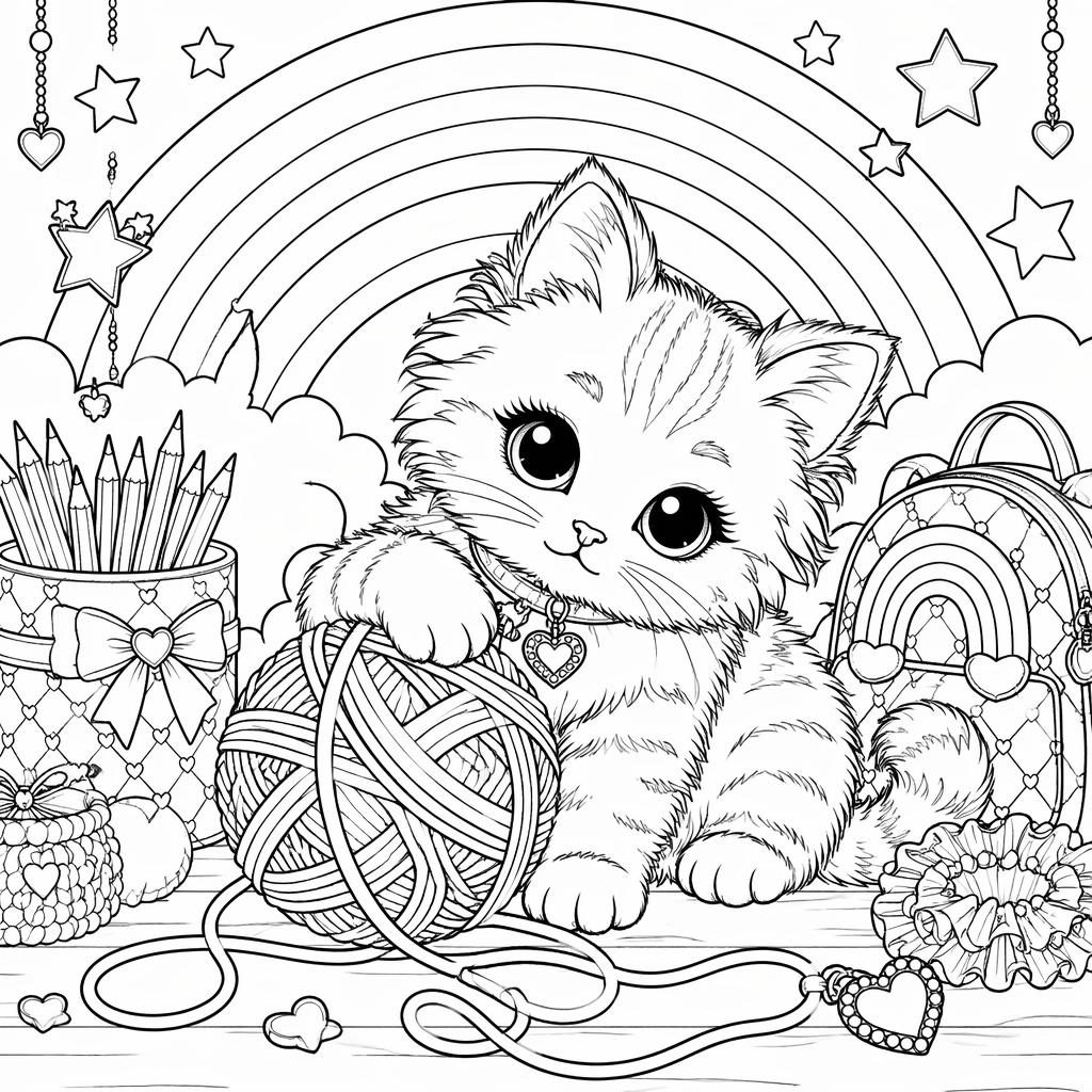 Illustration de coloriage en noir et blanc d’un chaton jouant avec une pelote, en line art détaillé à imprimer.