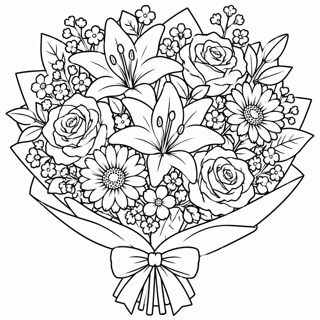 Schwarz-weißes Ausmalbild mit detailliertem Blumenstrauß, klare dicke Konturen, weiße Fläche, ohne Schattierung