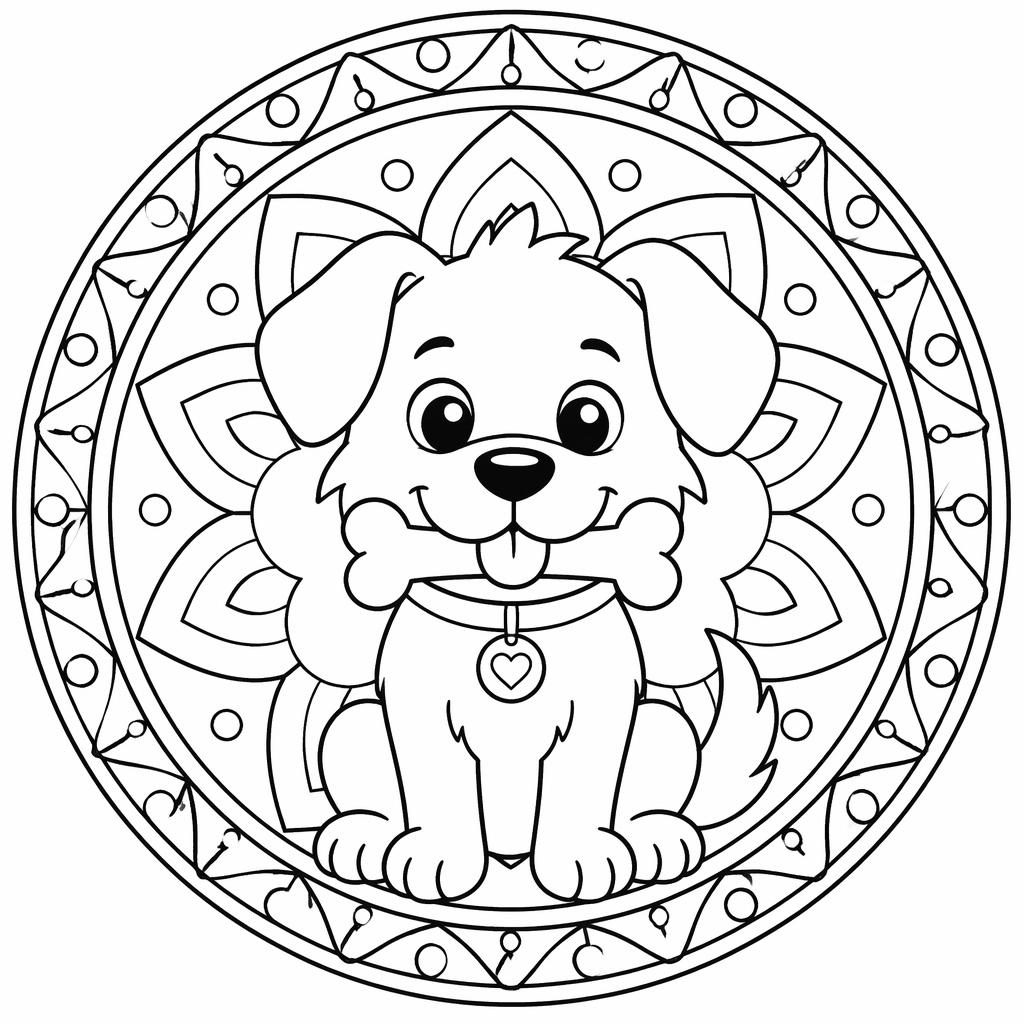 Ilustración en blanco y negro de un lobo tierno con un hueso, contornos limpios y estilo mandala para colorear.