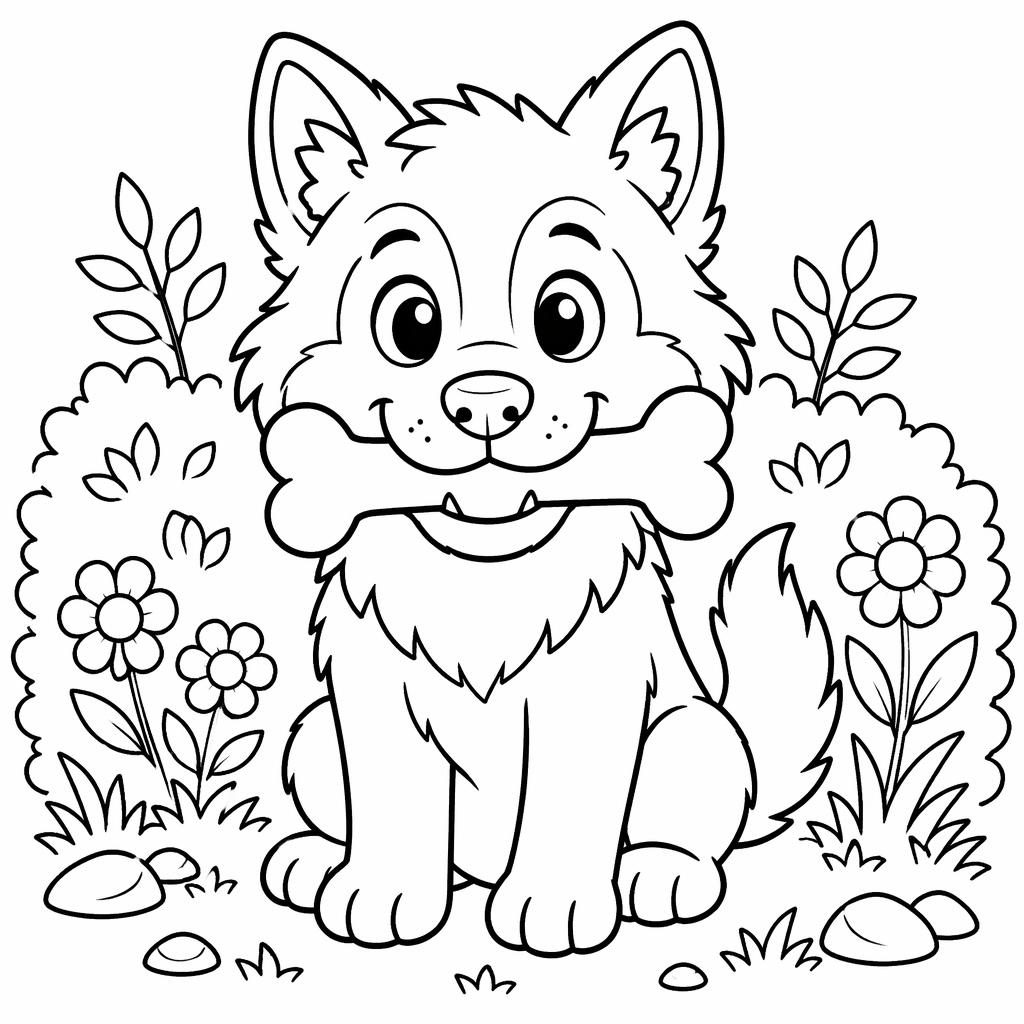 Ilustración para colorear en blanco y negro de un lobo tierno con un hueso, estilo caricatura infantil.