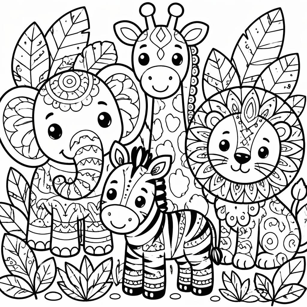 Schwarz-weiße Ausmalbild-Illustration mit niedlichen Safari-Tieren im Zentangle-Stil, klare dicke Konturen auf weißem Hintergrund.