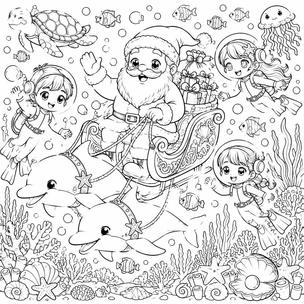 Black-and-white kids coloring page of an underwater ocean scene with fish, coral, bubbles, and intricate manga-style details.