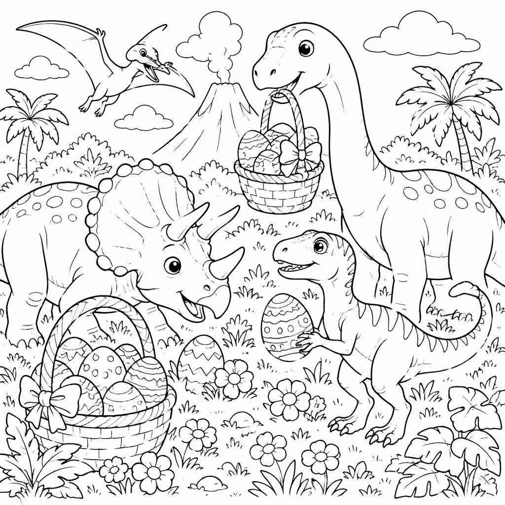 Schwarz-weißes Ausmalbild mit freundlichen Dinosauriern in einer kindgerechten Osterszene als klare Line-Art.