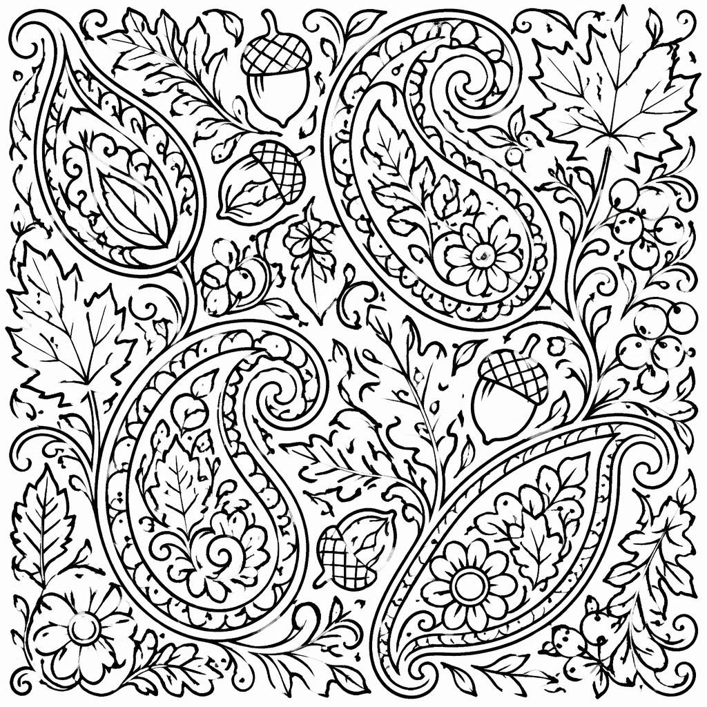 Ilustración para colorear en blanco y negro con patrones paisley intrincados, estilo manga, líneas limpias y fondo blanco.