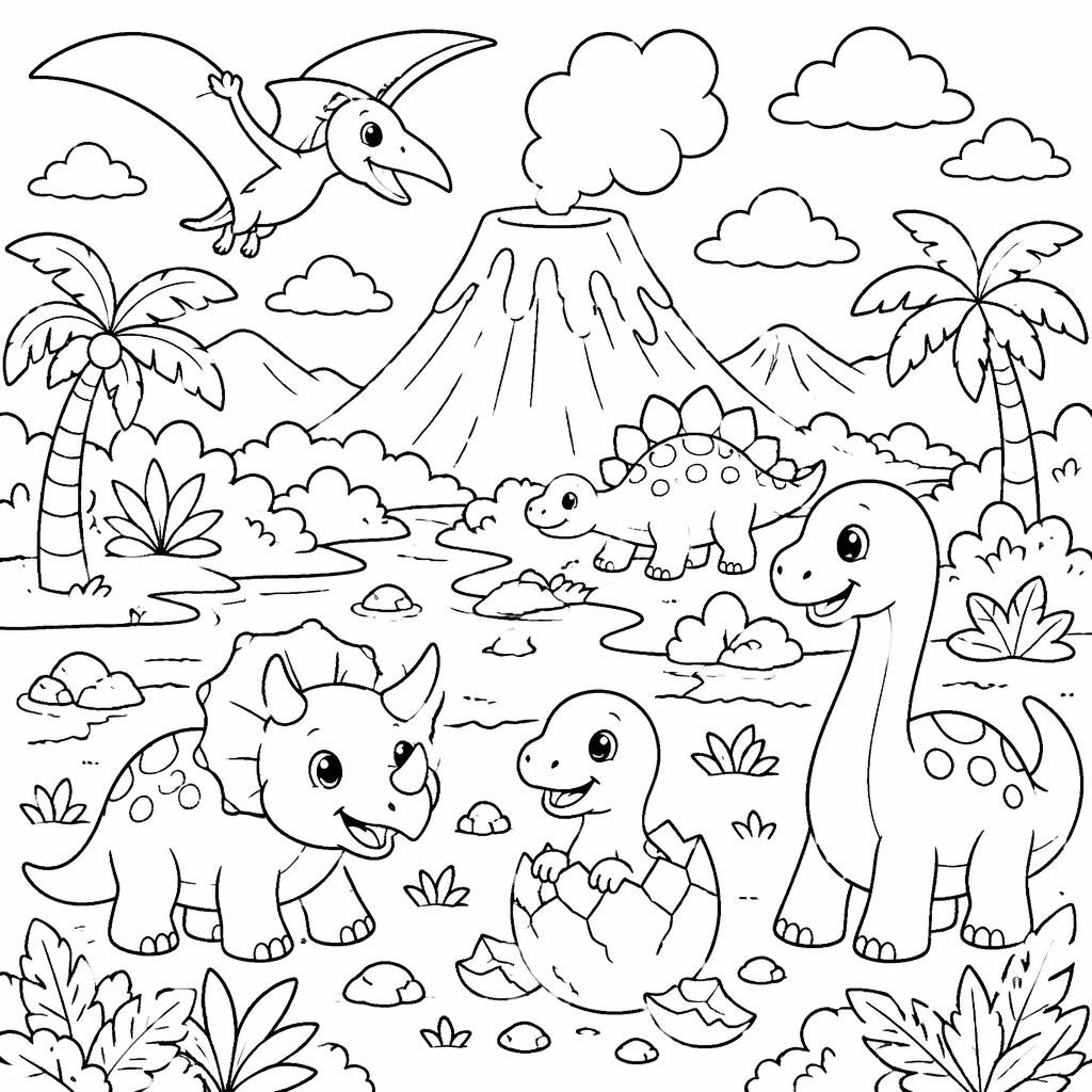 Black-and-white line art coloring page with kid-friendly dinosaur scenes in clean outlines on a white background.
