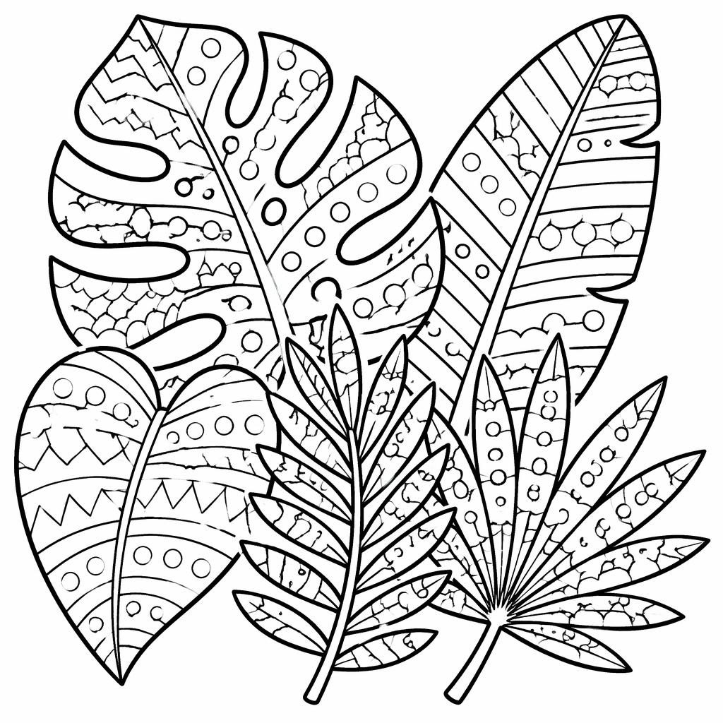 Ilustración en blanco y negro de hojas tropicales estilo zentangle, con contornos simples y cerrados para colorear.