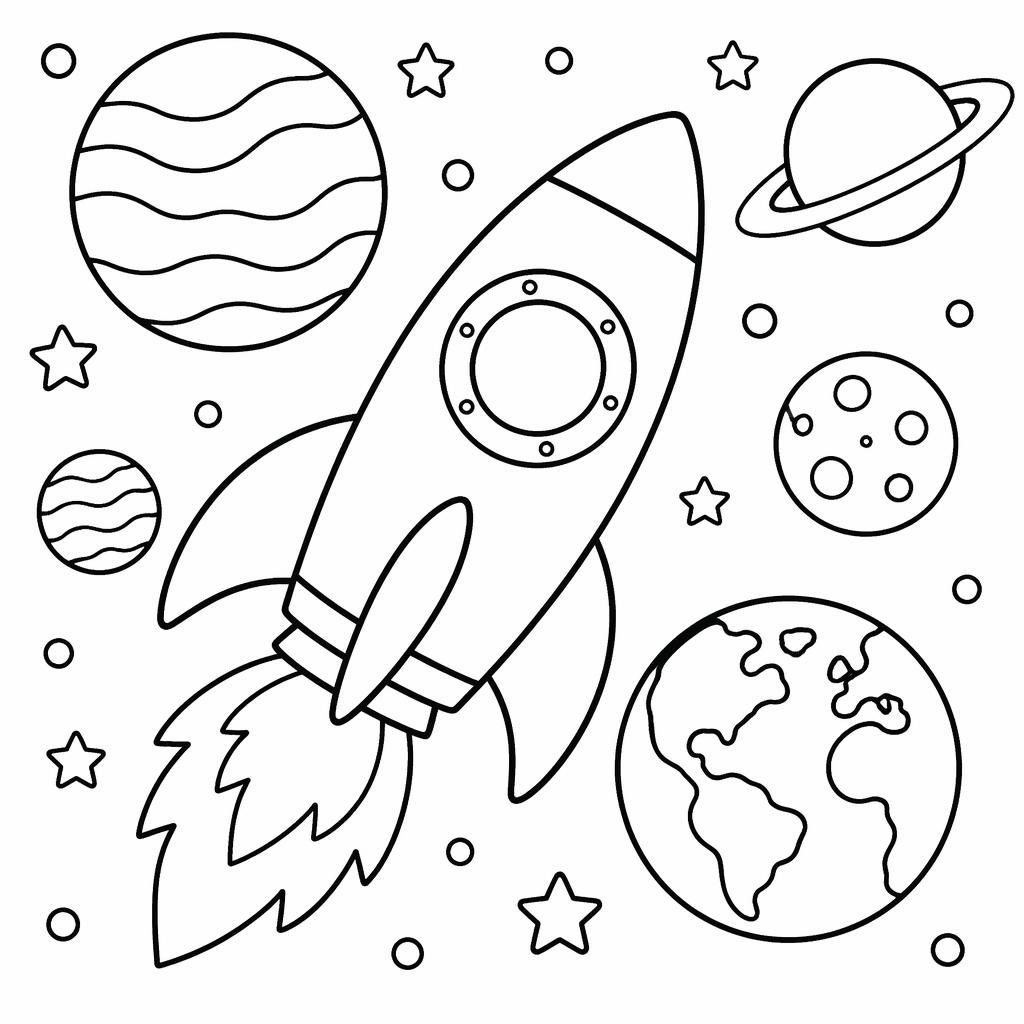 Illustration noir et blanc à colorier avec une fusée spatiale, des planètes et motifs simples pour enfants