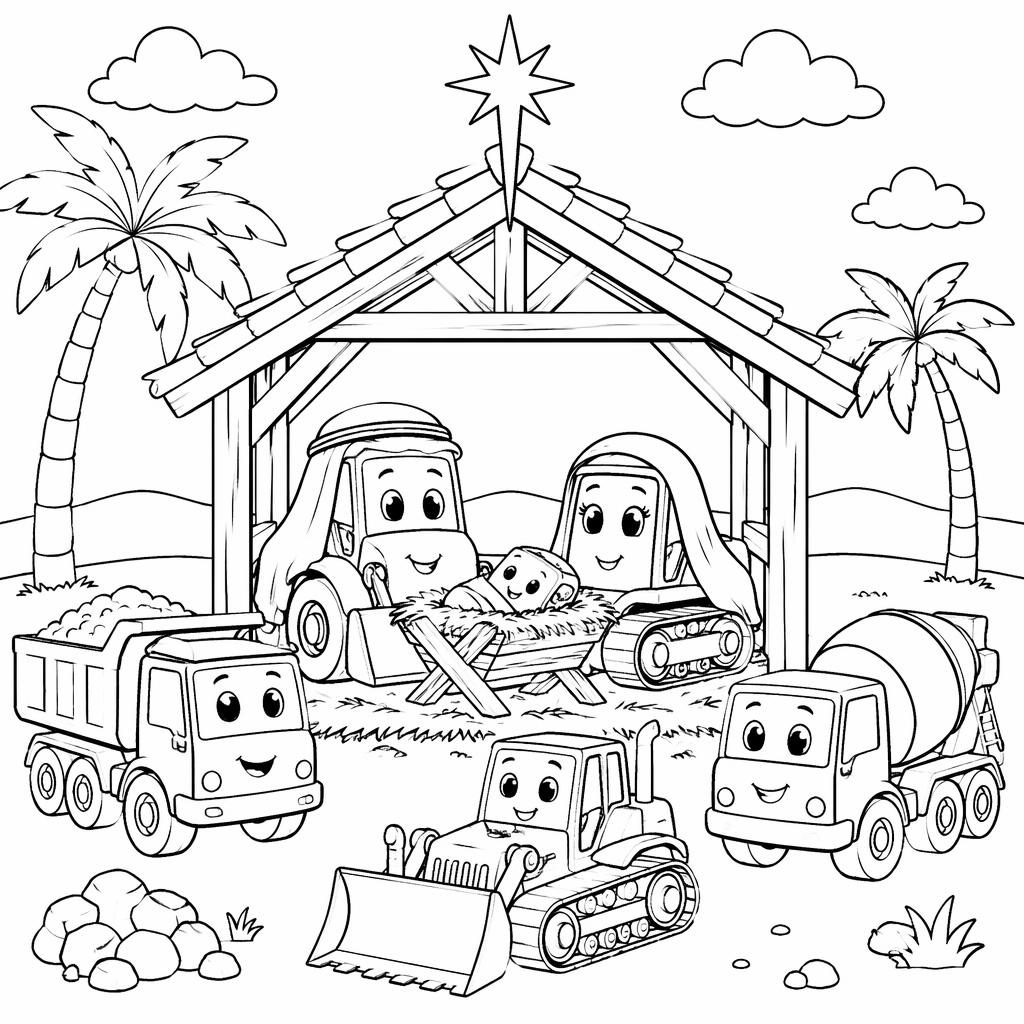 Ilustración en blanco y negro de camiones de construcción para colorear, con contornos limpios y estilo realista.